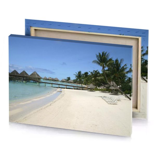 a beach with pier and palm trees sky blue canvas - Image 4