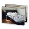 a bed with striped comforter and small dog platinum canvas - Image 4