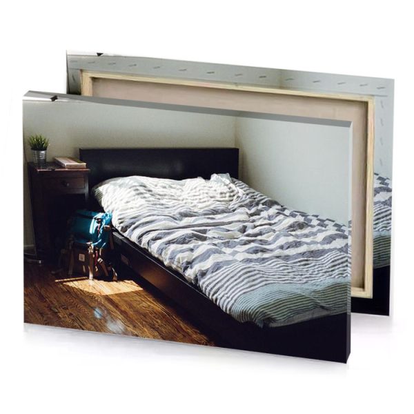 a bed with striped comforter and small dog platinum canvas - Image 4