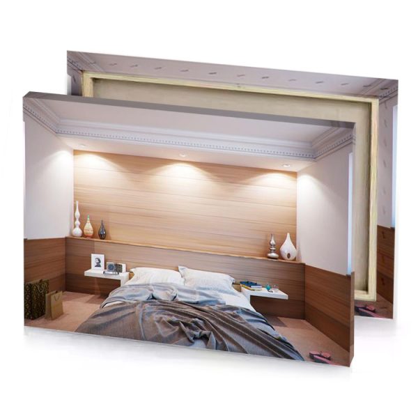 a bed with wooden headboard and white blanket tan canvas - Image 4