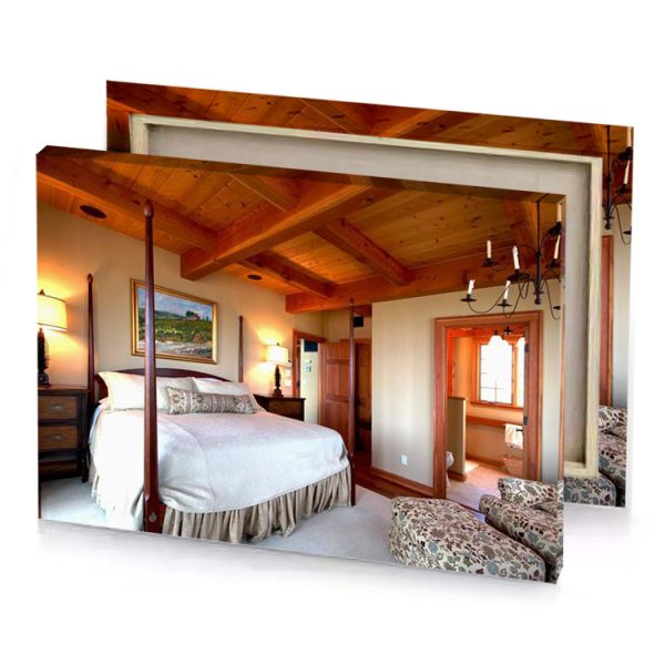 a bedroom with bed and chair maroon canvas - Image 4