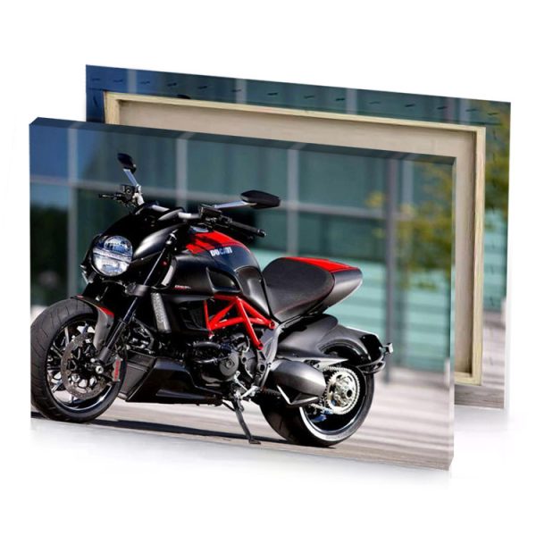 a black and red motorcycle parked in front of building smoky canvas - Image 4