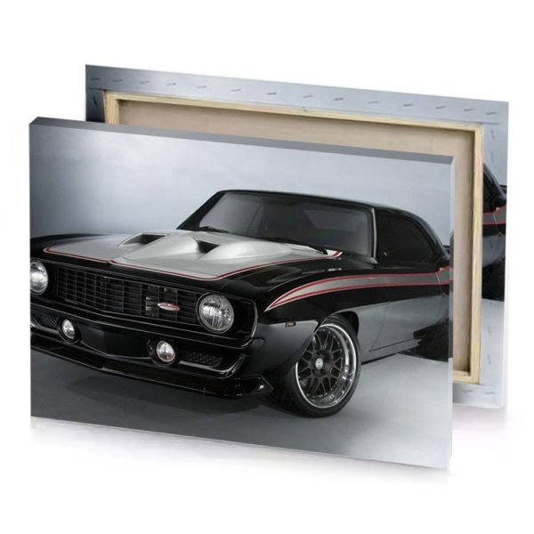 a black and red muscle car with white stripe smoky canvas - Image 4
