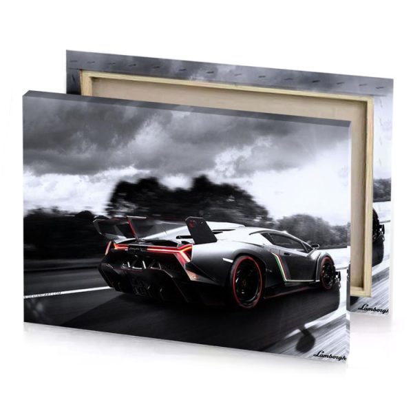 a black and white lamb concept car driving on road smoky canvas - Image 4