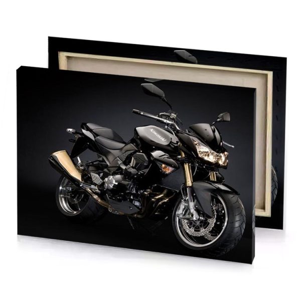 a black motorcycle is parked in dark room taupe canvas - Image 4