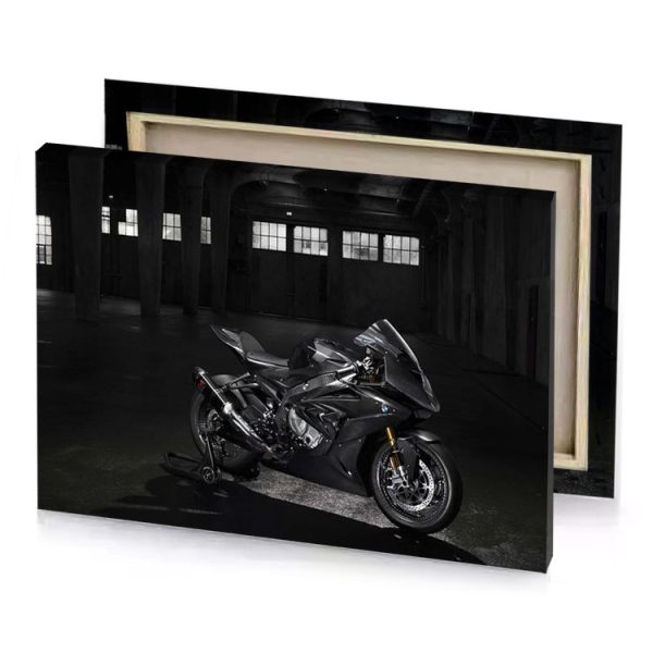 a black motorcycle parked in dark room bistre canvas - Image 4
