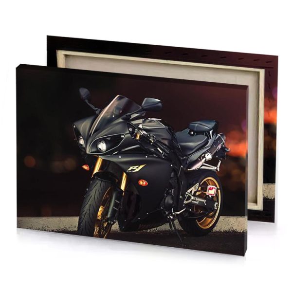 a black motorcycle parked on street next to curb taupe canvas - Image 4
