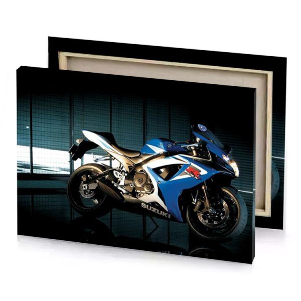 a blue and white motorcycle parked in dark room sapphire canvas - Image 4