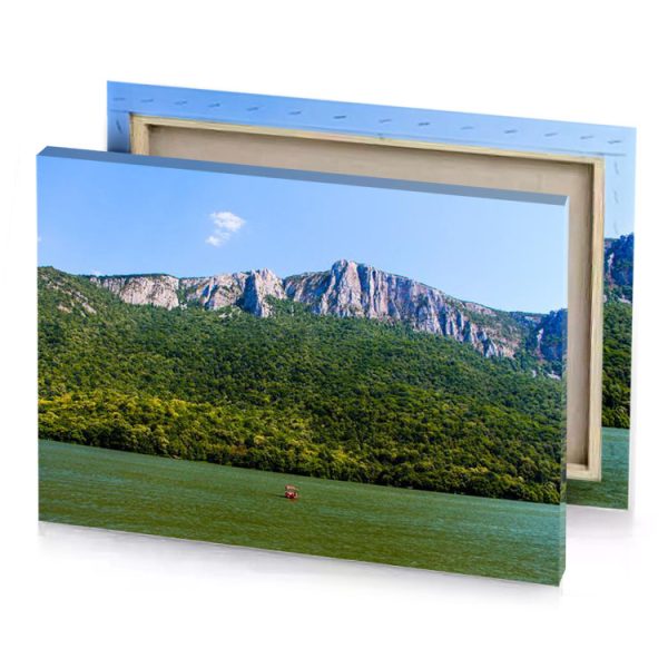 a boat is on the water near mountain bistre canvas - Image 4