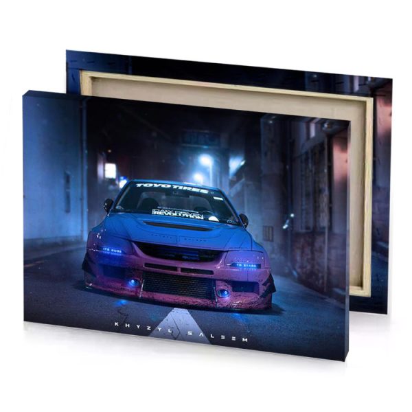 a car parked in dark alley with neon blue hood denim canvas - Image 4