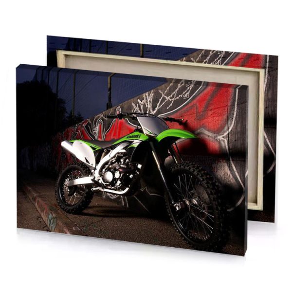 a green and black motorcycle parked in front of wall linen canvas - Image 4