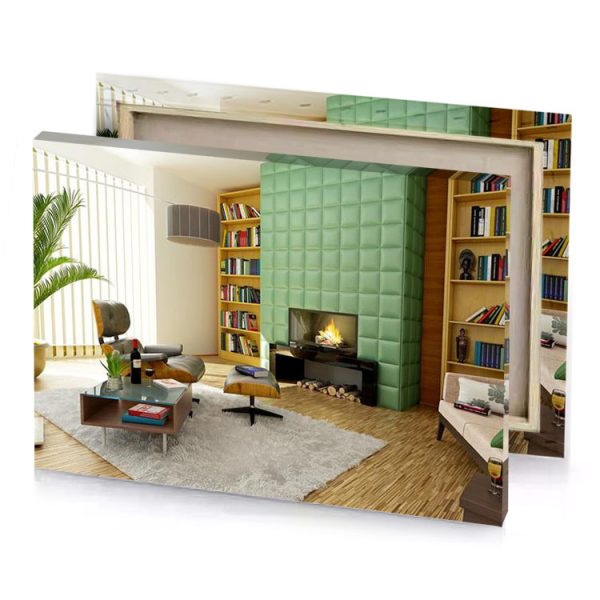 a living room with large book shelf and fireplace dark sea green canvas - Image 4