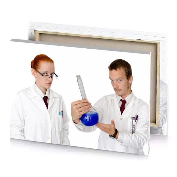 a man and woman in lab coats holding flask white smoke canvas - Image 4