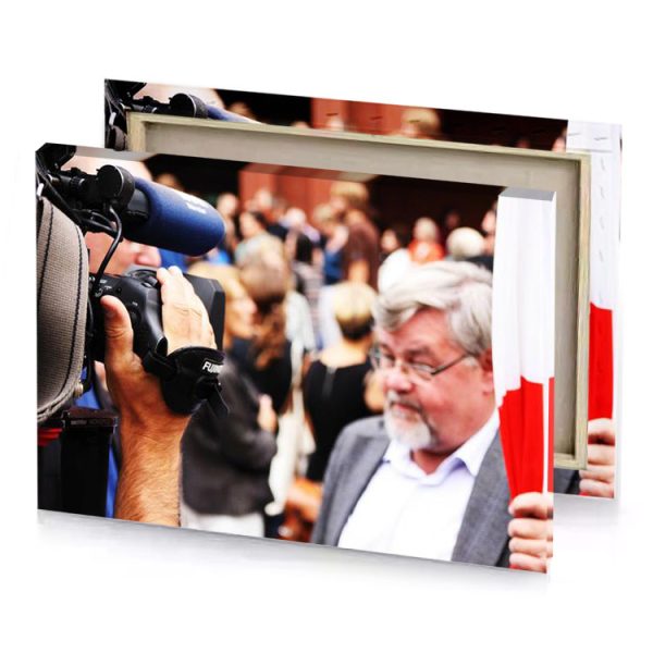 a man holding camera and microphone smoky black canvas - Image 4