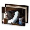 a man sleeping on desk with laptop white smoke canvas - Image 4