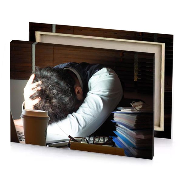a man sleeping on desk with laptop white smoke canvas - Image 4