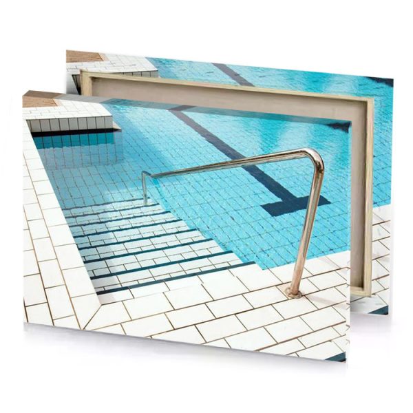 a pool with metal handrail and tiled floor sky blue canvas - Image 4