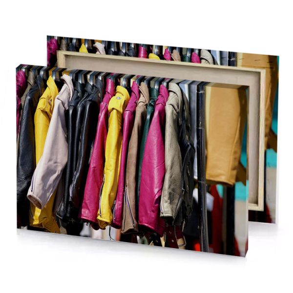a rack of colorful leather jackets hanging on wall brown canvas - Image 4