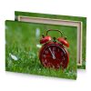 a red alarm clock sitting in the grass bistre canvas - Image 4