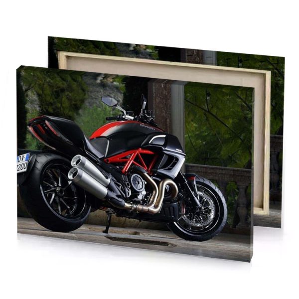 a red and black motorcycle parked in front of building burgundy canvas - Image 4