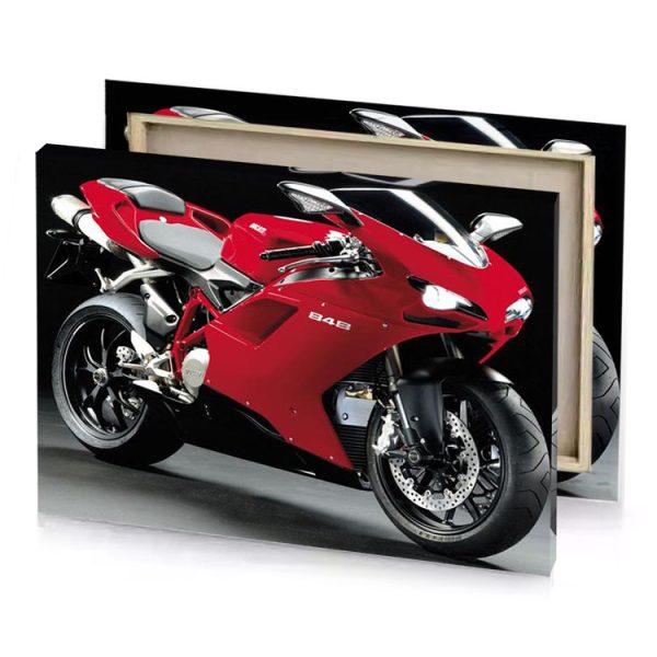 a red motorcycle parked in dark room brown canvas - Image 4
