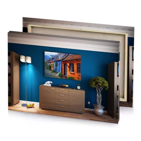 a room with blue wall and painting of house sapphire canvas - Image 4