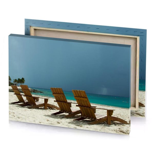 a row of wooden chairs on beach teal blue canvas - Image 4