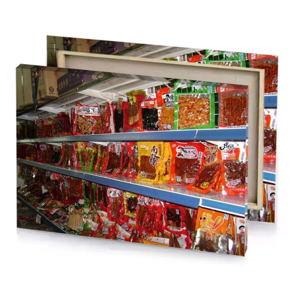 a shelf filled with lots of different types snacks brown canvas - Image 4