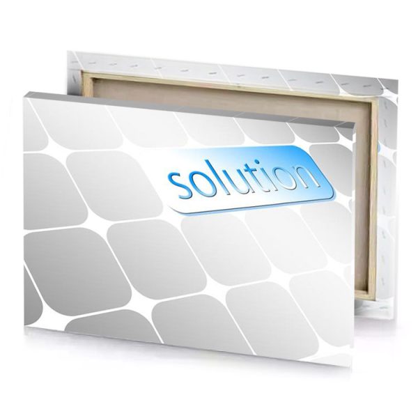 a shiny silver metal plate with the word solution on lavender canvas - Image 4
