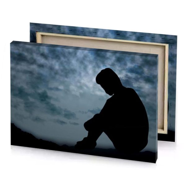 a silhouette of man sitting on hill slate gray canvas - Image 4