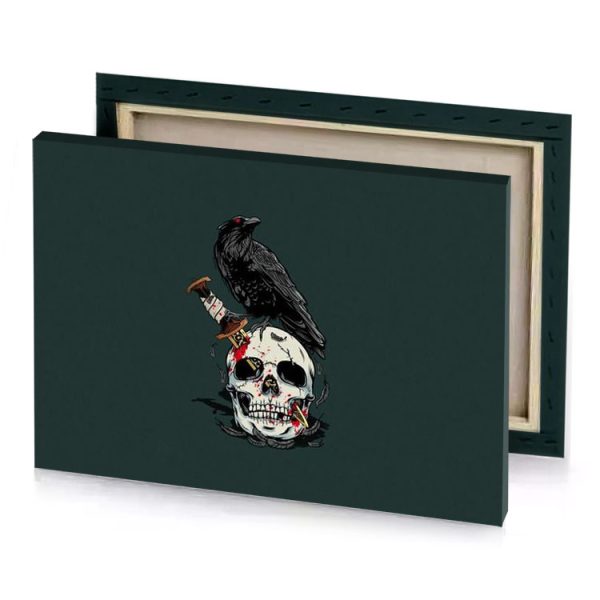 a skull with crow on top of it smoky black canvas - Image 4