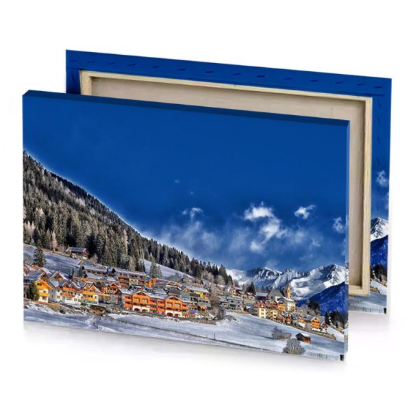 a snowy town with mountain in the background cobalt blue canvas - Image 4