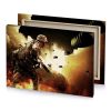 a soldier is walking through fire filled area champagne canvas - Image 4