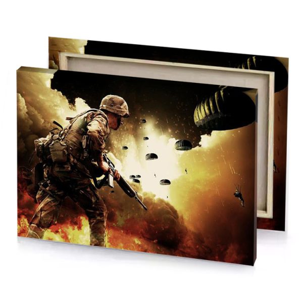 a soldier is walking through fire filled area champagne canvas - Image 4