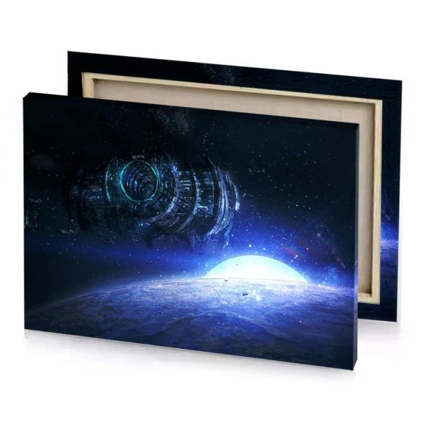 a spaceship flying over planet with bright blue light cerulean canvas - Image 4