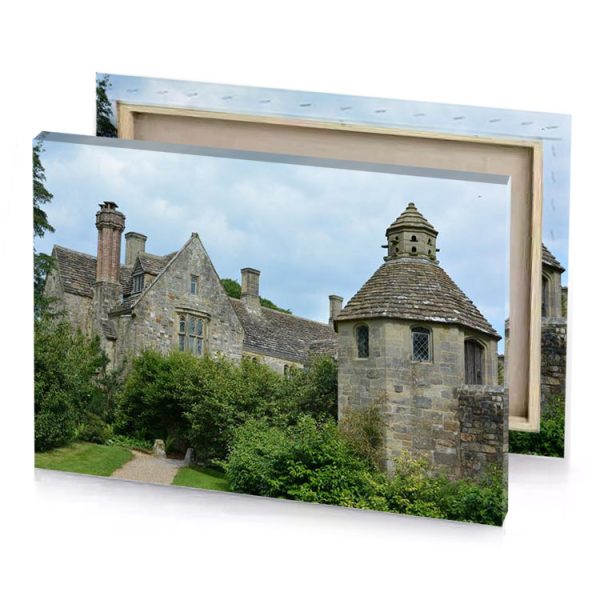 a stone building with clock on the top dark olive green canvas - Image 4