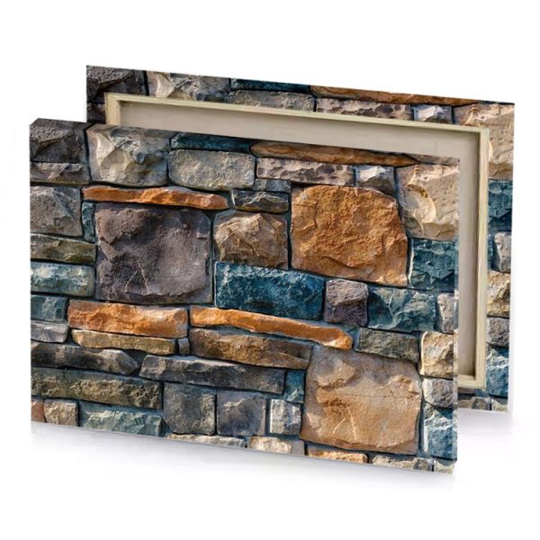 a stone wall with brown and blue saddle canvas - Image 4