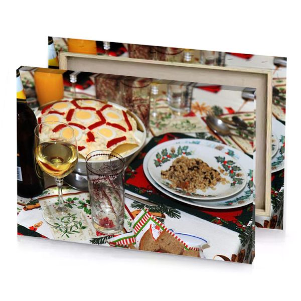 a table with plate of food and glass wine burlywood canvas - Image 4