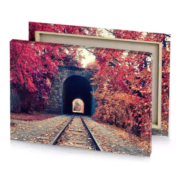 a train track going through tunnel surrounded by fall leaves smoky black canvas - Image 4