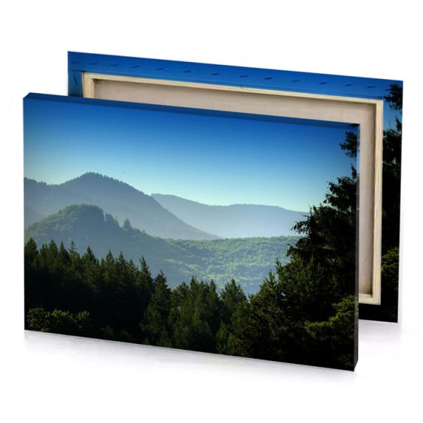 a view of mountain range with trees and plane flying sky blue canvas - Image 4