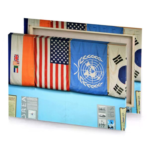 a wall with flags and clock on it lust canvas - Image 4