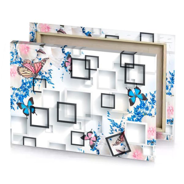a white and blue flower with butterfly smoke canvas - Image 4