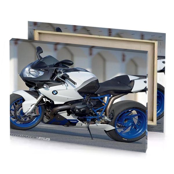 a white and blue motorcycle parked on the street smoky black canvas - Image 4
