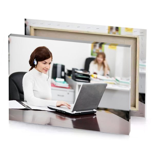 a woman sitting at desk with laptop platinum canvas - Image 4