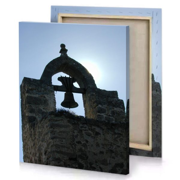 a bell is on the side of stone building periwinkle canvas - Image 4
