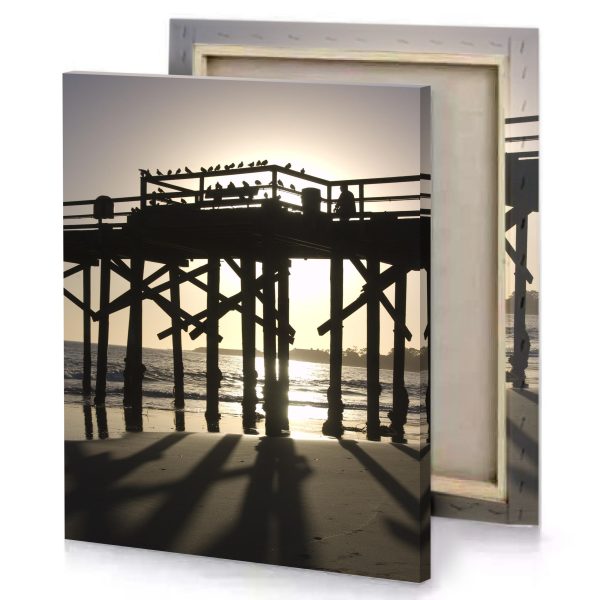 a bird is sitting on wooden pier antique white canvas - Image 4