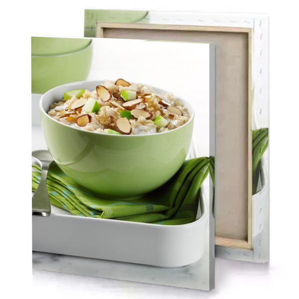 a bowl of oats with nuts and green napkin olive drab canvas - Image 4