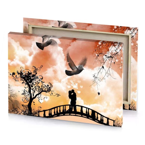 a couple is standing on bridge with birds flying around antique white canvas - Image 4