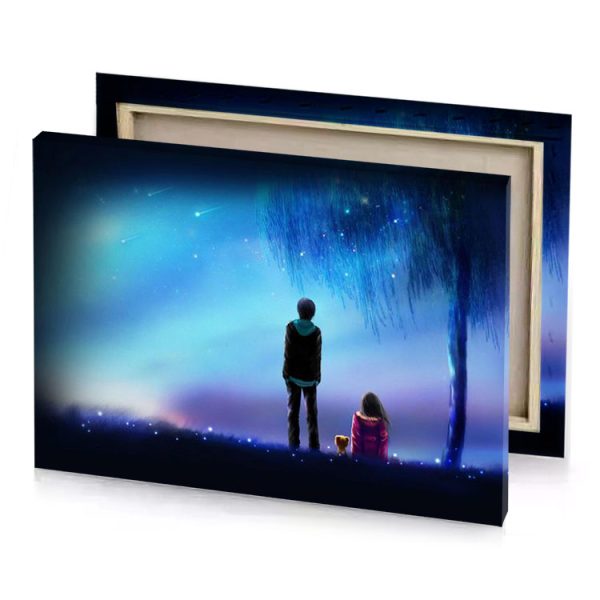 a couple standing in the moonlight looking at stars sky blue canvas - Image 4