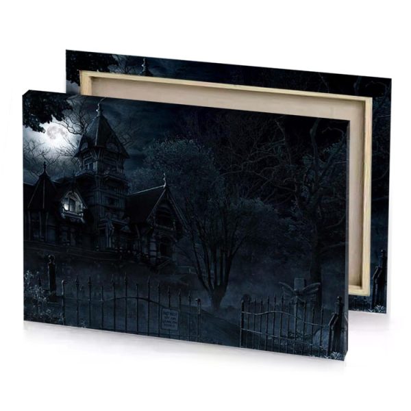 a creepy house with full moon in the background smoky black canvas - Image 4